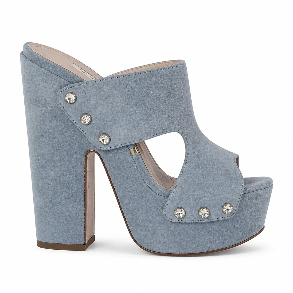 Gianmarco Lorenzi Women’s Powder Blue Suede Studded Platform Comfort Mules
